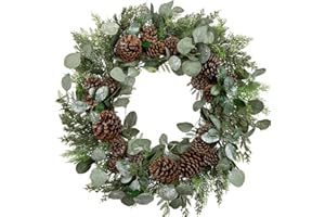 Briful Artificial Christmas Wreath 24 Inch Large Front Door Wreath with Glittering Eucalyptus Green Leaves Pine Branches Pine Cones for Home Room Mantle Wall Window Xmas Indoor Outdoor Decor