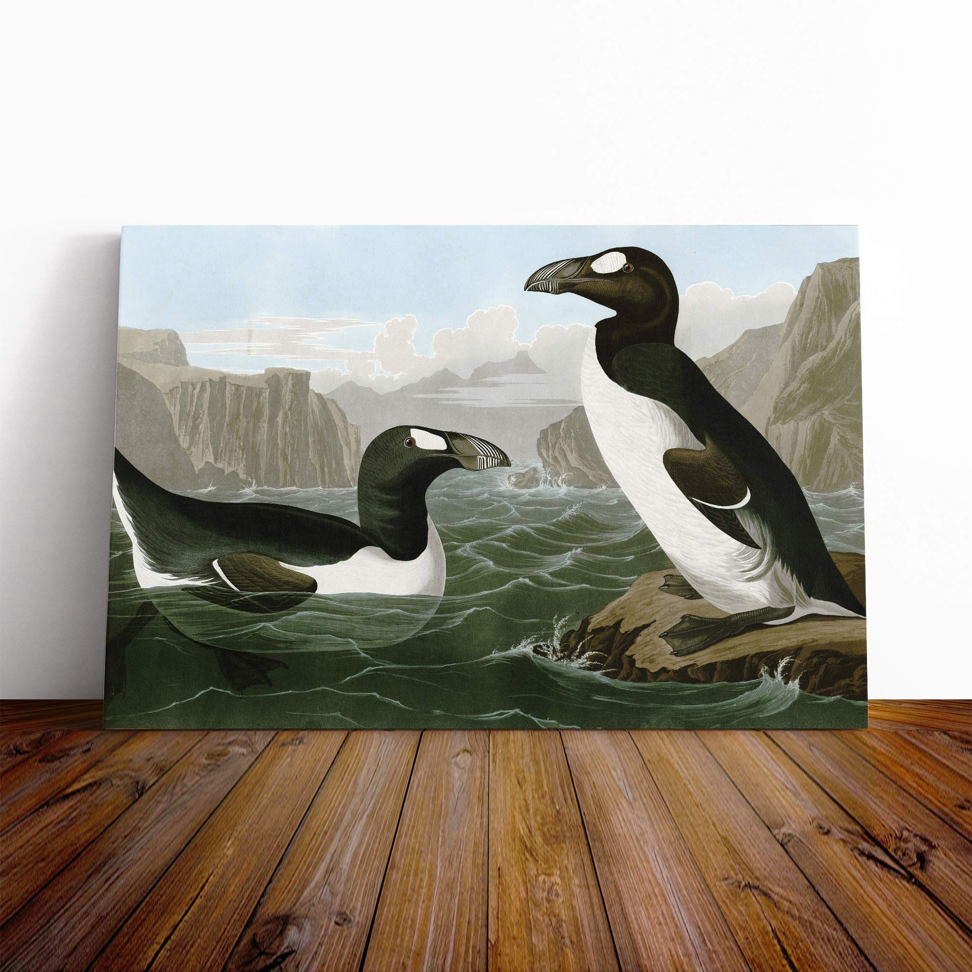 John James Audubon Penguins Canvas Print | Gallery Wrapped 30mm Frame Wall Art | 20x14 inches | Ready to Hang | Modern Bird Picture | Living Room Bedroom Lounge Office