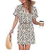 AUSELILY Womens Summer Dress 2026 Casual Short Sleeve Sundress V Neck Tie Button Beach Swing Dresses with Pockets