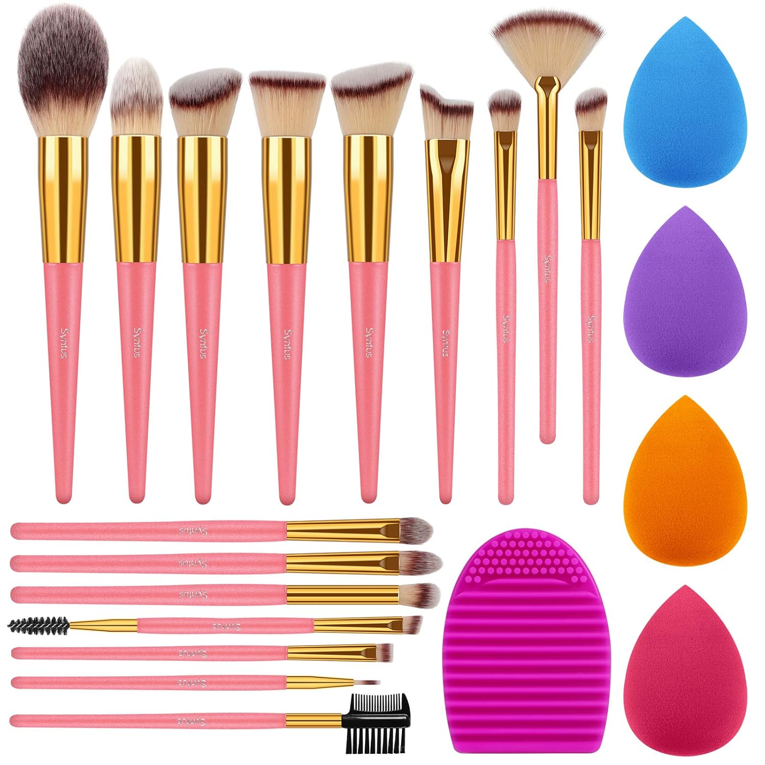 Syntus Makeup Brush Set, 16 Makeup Brushes & 4 Blender Sponges & 1 Brush Cleaner Premium Synthetic Foundation Powder Kabuki Blush Concealer Eye Shadow Pink Golden Makeup Brush Kit