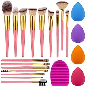 Syntus Makeup Brush Set, 16 Makeup Brushes & 4 Blender Sponges & 1 Brush Cleaner Premium Synthetic Foundation Powder Kabuki Blush Concealer Eye Shadow Pink Golden Makeup Brush Kit