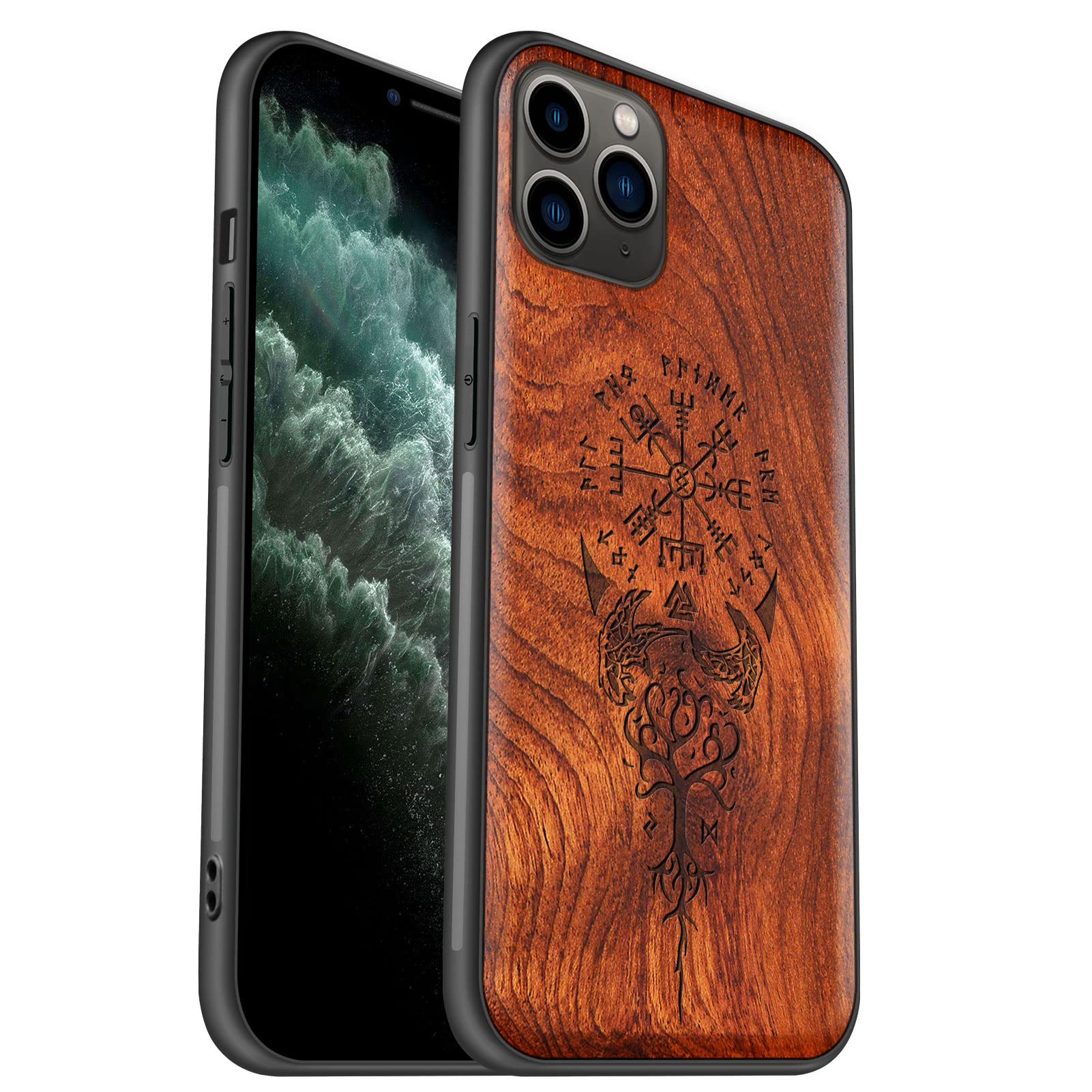 Carveit Natural Wood Case for iPhone 11 Pro Max - Real Wood & Soft TPU - Shockproof Protective Cover - Unique & Classy Wooden Case - Viking Compass-Rosy