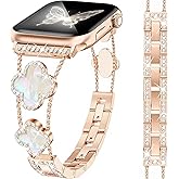 MOINSPIRE Rose Gold Bling Diamond Clover Band Women Compatible with Apple Watch 40mm 38mm 41mm 42mm(S10/11) Lucky Cute Sparkle Dressy Bracelet Metal Strap for iWatch Series 11/10/9/8/7/6/5/4/SE 3/2/1