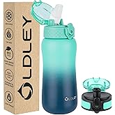 Oldley Insulated Water Bottle 12oz Kids Water Bottles with Straw, Stainless Steel Water Bottle with 2 Lids,Double Wall Vacuum Bottle, Leak-Proof Sport Bottles for School Travel, Caribbean Blue