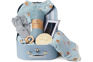BABANAZ Baby Gift Set Boy - Newborn Shower Gift Basket with Large Minky Plush Blanket, Muslin Swaddle, Teether, Wooden Birth Record, Hand & Foot Print Kit, Nemo Socks, for Newborn Essentials Boys, Blue