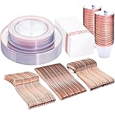 DaYammi 350Pcs Rose Gold Dinnerware Set Include: 50 Dinner Plates 10.25’’,50 Dessert Plates 7.5’’,50 Rose Gold Cutlery,50 Disposable Cups 9 OZ with 50 Napkins for Party