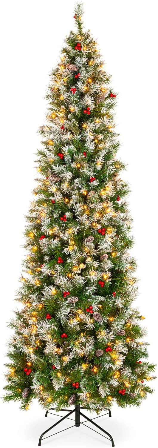 Trees - Best Choice Products 6ft Pre-Lit Pencil Christmas Tree, Partially Flocked Pre-Decorated for Home, Skinny Frosted Holiday Tree w/ 618 Tips, 250 Lights, Pine Cones, Metal Hinges & Base