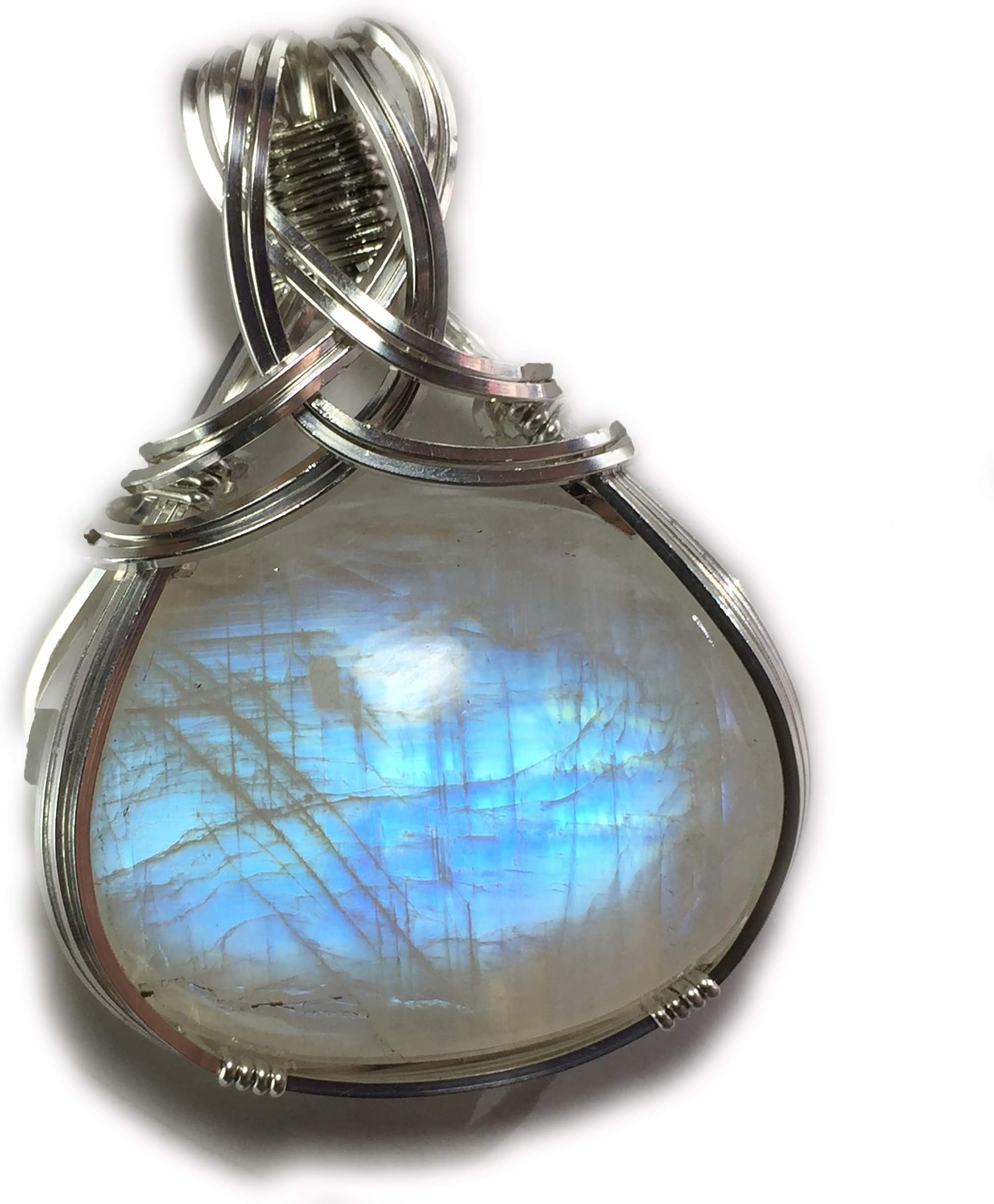 Rocks2Rings Rainbow Blue Moonstone Pendant Necklace - 925 Sterling Silver Heart Healing Jewelry Wire Wrapped 28S6