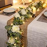 Solivya 2 Pack 5.9 FT Artificial Flower Garland with Lights, Fake Floral Garland with 12 White Roses, White Flower Decorations for Arch Table Centerpieces Backdrop Party Home Wedding Decorations