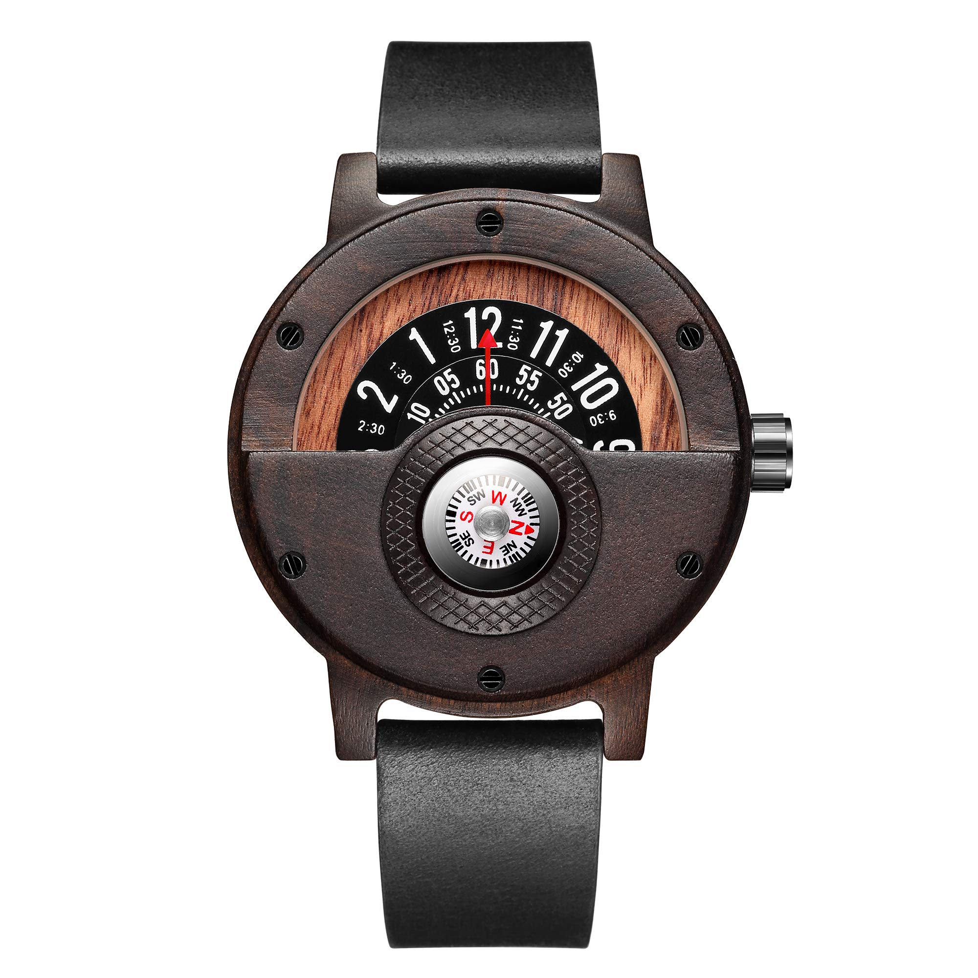 GORBEN Men's Natural Wood Quartz Watch with Compass Handmade Lightweight Watch with Gift Box, # Gorben145, Strap