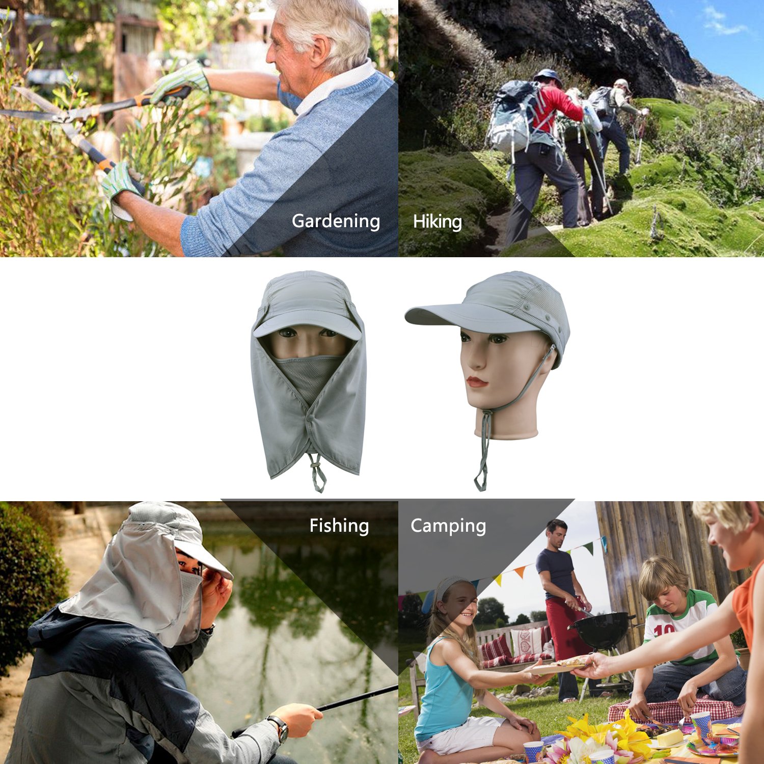 360° UV protection Sun Cap,Dolida Flap Hat Man Women Folding UPF 50+ Sun Cap Adults Removable Neck & Face Flap Cover Cap for Fishing Hiking Garden Work Outdoor Activities Grey