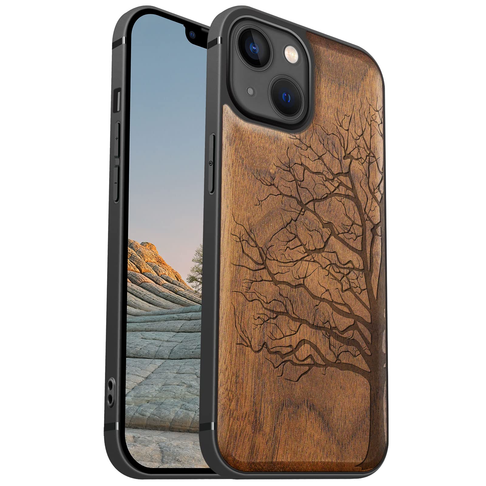 Carveit Magnetic Wood Case for iPhone 13 Case [Hard Real Wood & Soft TPU] Shockproof Hybrid Protective Cover Unique & Classy Wooden Case Compatible with MagSafe (Eternal Tree-Walnut)