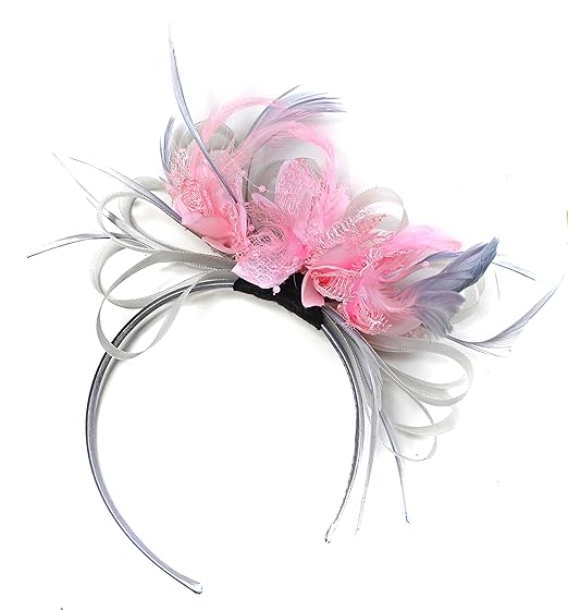 Silver Grey And Pink Net Hoop Feather Hair Fascinator Headband
