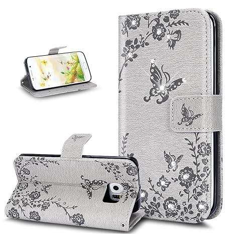 Kompatibel mit Galaxy S6 Hülle,Glänzend Bling Strass Diamant Prägung Rose Blumen Schmetterling PU Lederhülle Brieftasche Hand