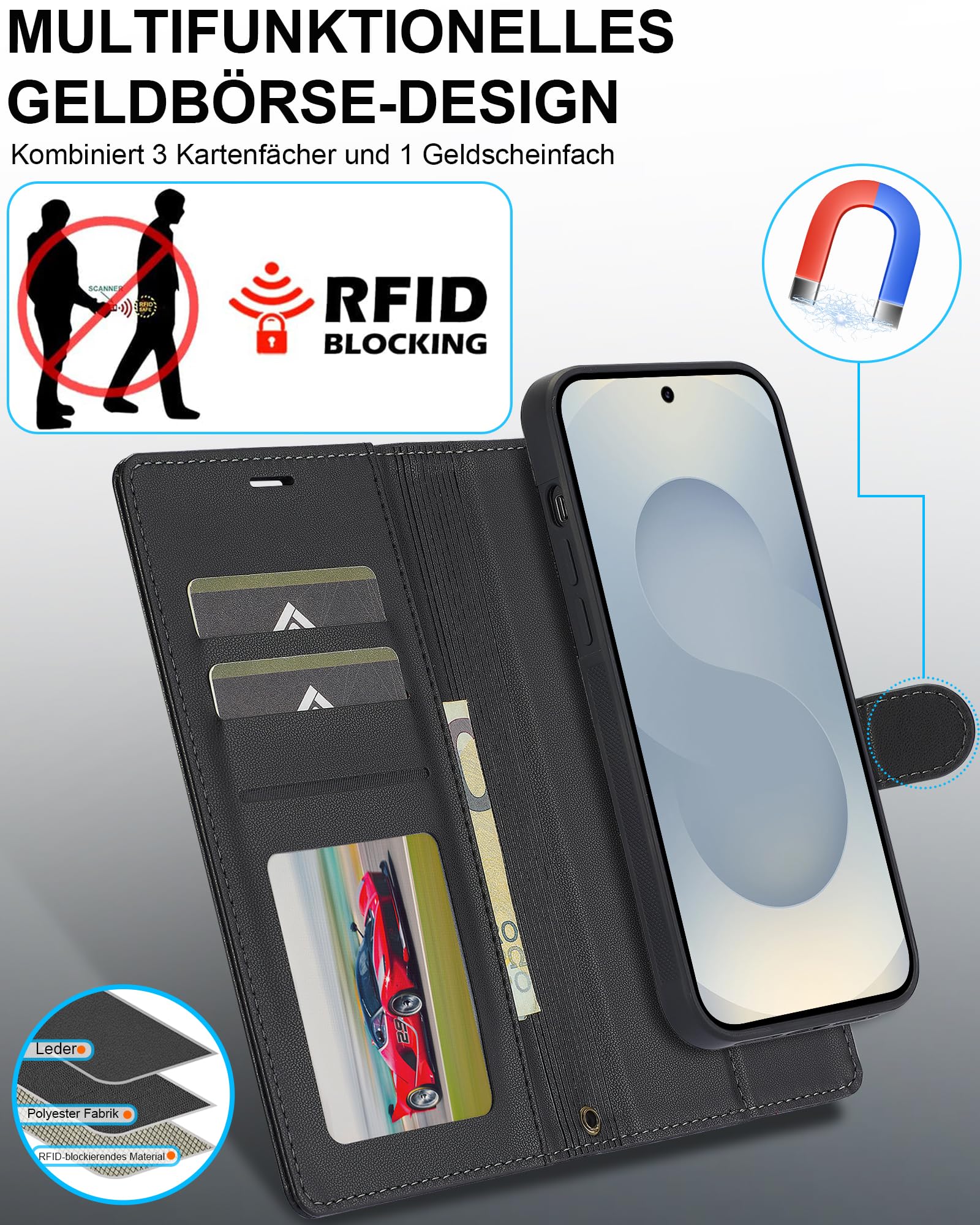 Ailicici für Samsung Galaxy S25 Edge Hülle, 2-IN-1 Abnehmbare magnetische Hülle, Kabelloses Laden, Kartenfach Leder Case, Handyhülle RFID Klapphülle, Schutzhülle für Samsung S25 Edge 5G 2