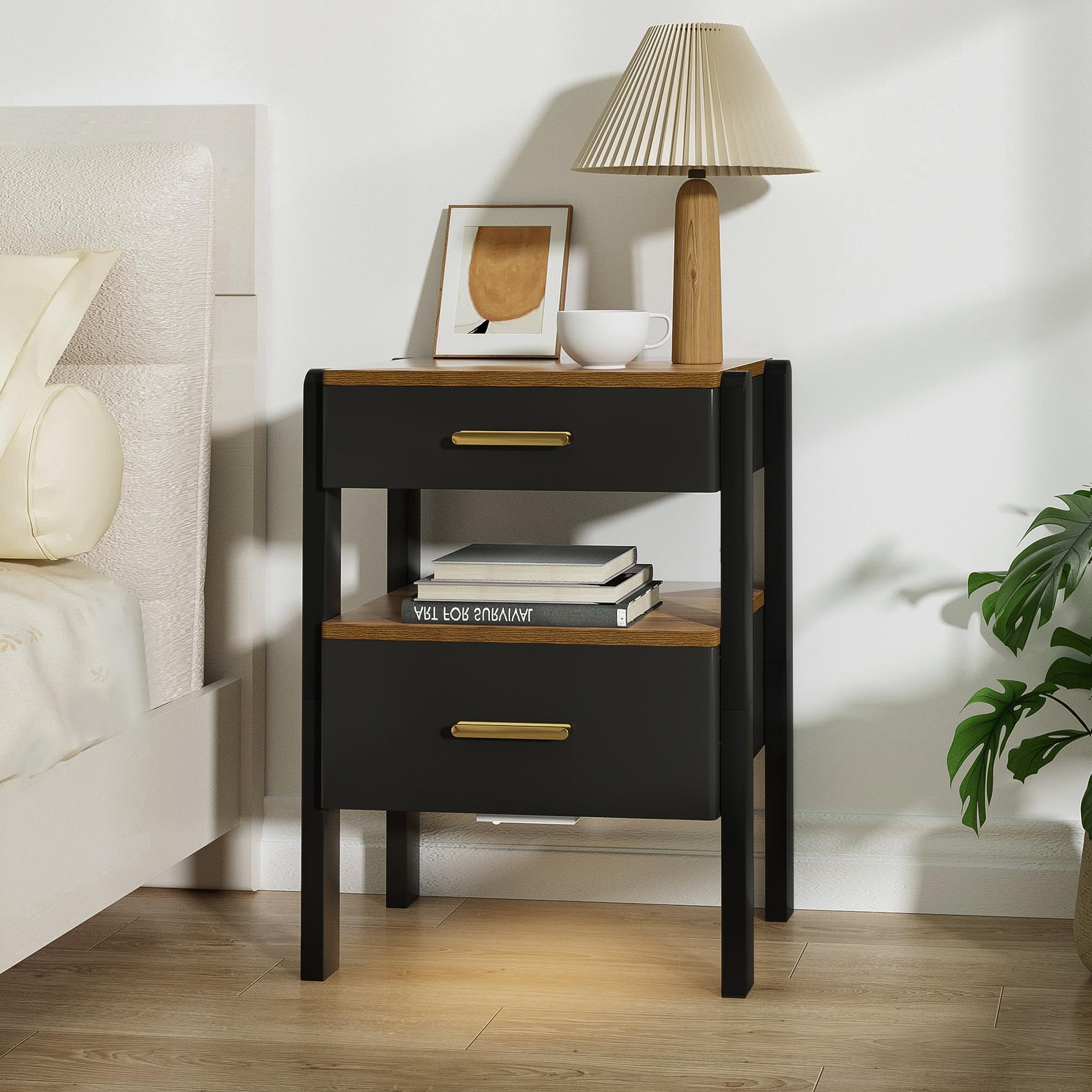 Photo 1 of **DAMAGED** Tltaroni Nightstand with 2 Drawers and Open Shelf Wood Bedside Table Gold Handles Storage Night Stand with Light for Bedroom, Black and Brown