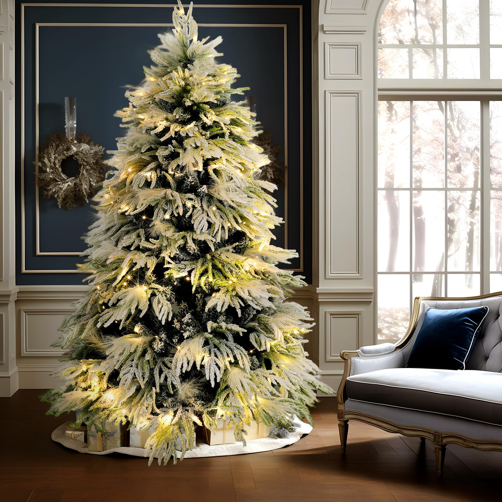 Photo 1 of Hotop 9ft Flocked Natural Drooping Pampas Christmas Tree with Light Battery Powered Frosted Norfolk Christmas Tree Snowy Pampas Christmas Tree for Xmas Home Workplace Celebration Embellishment Decor