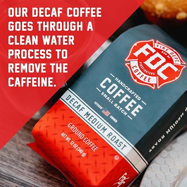 FIRE DEPARTMENT COFFEE – GIVES BACK TO FIREFIGHTERS – PREMIUM DECAF GROUND COFFEE – ROASTED IN THE USA – DECAFFEINATED USING NATURAL MOUNTAIN WATER – VETERAN OWNED – 12 OZ