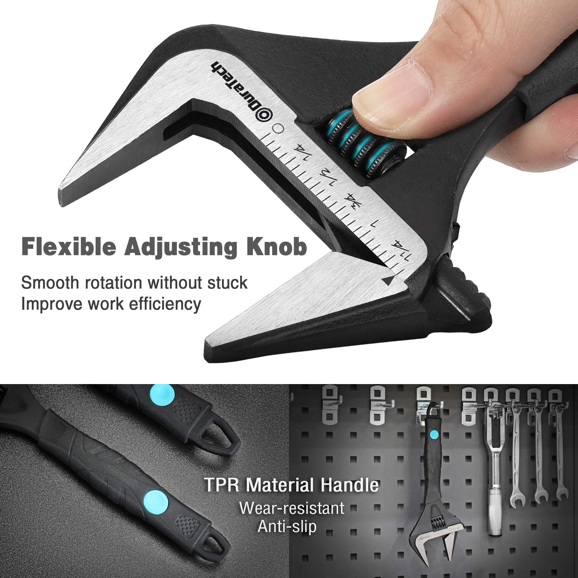 DURATECH 200 MM Verstellbarer Schraubenschlüssel, Große Öffnung Rollgabelschlüssel, Schwarz-oxidierte Oberfläche, Cr-V Stahl, SAE und Metrisch, ergonomischer Griff 6