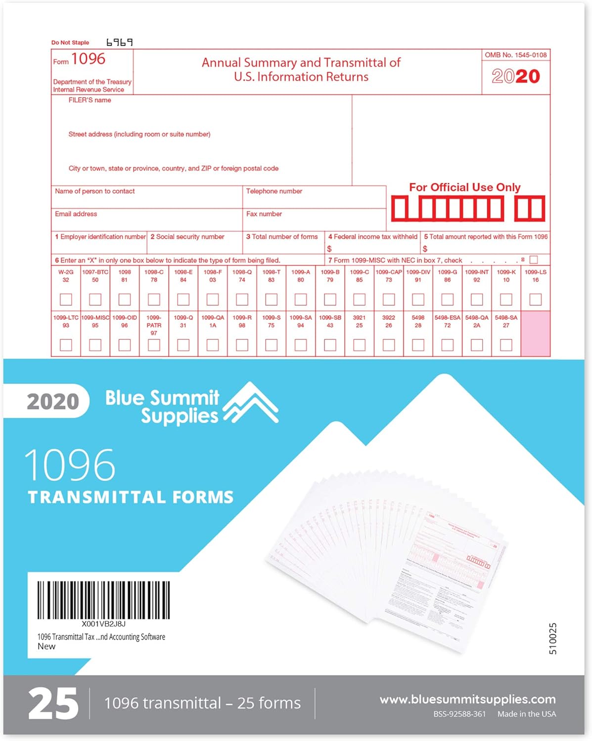 1096 Transmittal 2020 Tax Forms, 25 Pack of 1096 Summary Laser Forms, Compatible with QuickBooks and Accounting Software : Office Products
