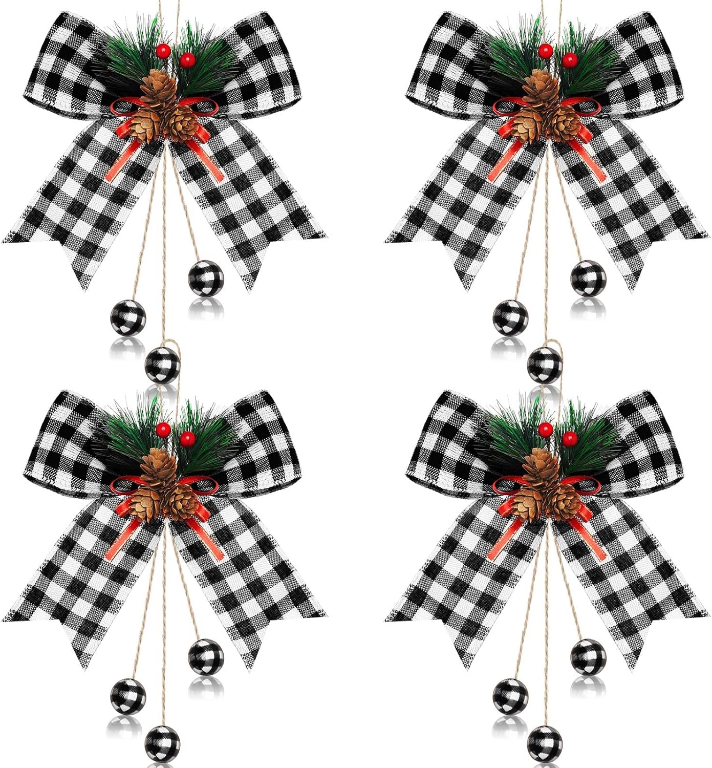 Bows & Ribbons - Xinnun Christmas Buffalo Plaid Bow with Pine Cones Pine Needles Large Xmas Decorative Wreath Bow with Hanging Wood Beads for Christmas Tree Crafts DIY Decor(White, Black,4 Pieces)