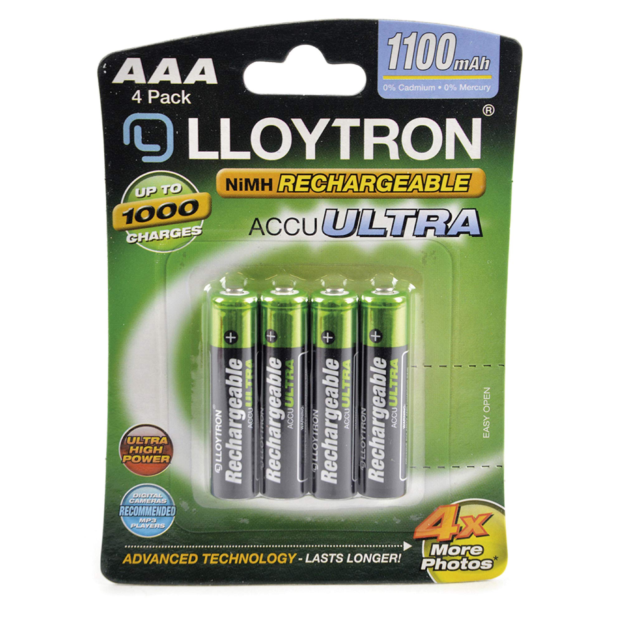 LLOYTRON NiMH Rechargeable AccuUltra Batteries / AAA Size / 1100mAh / 4 Pack - B1004