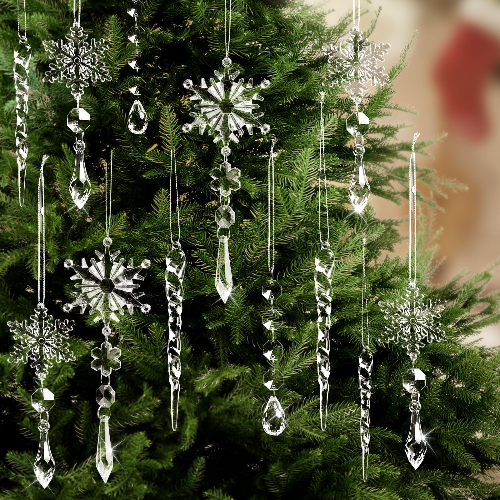 20pcs Christmas Ornaments Set for Tree Decorations- Hanging Acrylic Crystal Snowflake Christmas Decorations Icicle Drop Decorations for Winter Christmas Tree New Year Party Supplies