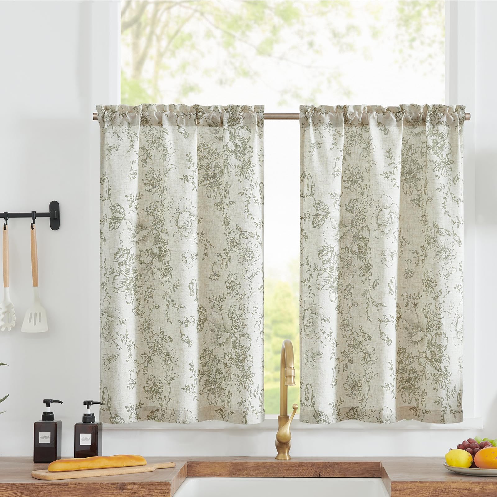 jinchan Floral Linen Tier Curtains Floral Sage on Beige Cafe Curtains 36 Inch Length Kitchen Living Room Bedroom Bathroom Farmhouse Rustic Country Rod Pocket 2 Panels