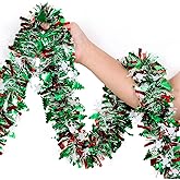 50Ft Tinsel Garland Christmas Tree Decorations,Xams Twist Garland with Snowflake Tree for Stairs Railing Mantle Indoor Outdoor Holiday Home Red Green White