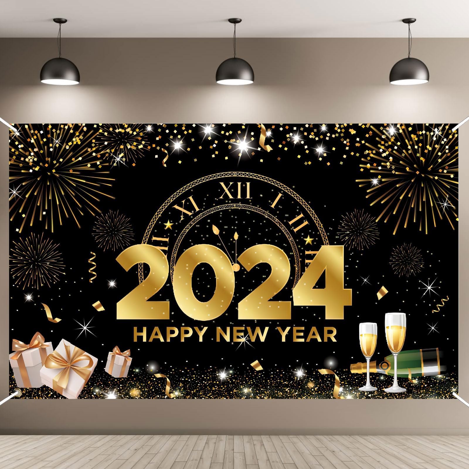New Years Eve Decorations 2024, Extra Large Happy New Year Banner with String, 180x110CM Happy New Year Decorations 2024 Banner Black Gold Clock New Year Backdrop for Party Decorations Christmas