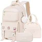 AO ALI VICTORY Backpack for Girls 3 PCS Cute School Backpacks Elementary Kids Book Bag with Lunch Box Pencil Case Set Laptop College Travel Back Pack Large Bookbags for Girl Teens Women Student White