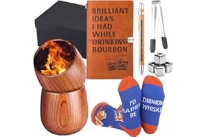 WATERSAY 12 Pcs Bourbon Whiskey Gifts for Men Include Charred Wooden Bourbon Drinking Glass with Cooling Rock, Leather Journal Notebook and Pen, Socks with Gift Box for Christmas Whiskey Drinker Lover