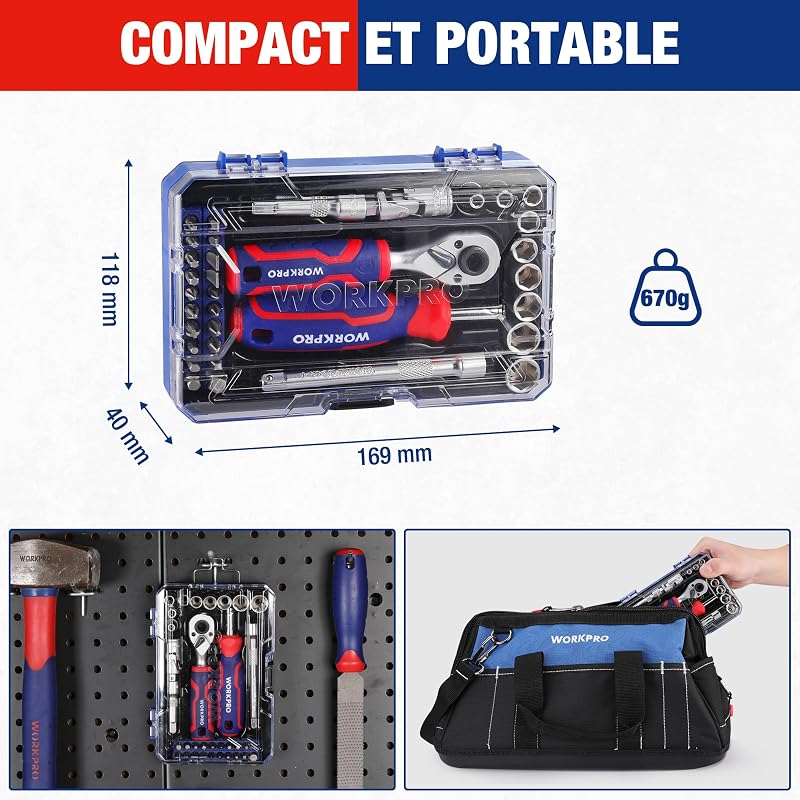 Coffret de Douilles et Embouts 34 Pièces, Mini Clés à Cliquet 1/4" Double Tête 2-en-1, Tournevis à Embouts Magnétique, 2 Rallonges et Joint Universel, Outils de Réparation pour Vélos Voitures