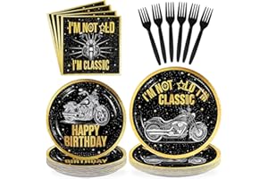 Greencian 96 Pcs Motorcycle Birthday Party Decoration Classic Black Gold Motorcycle Birthday Plates and Napkins I’M Not Old t