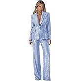 LEWIJO Sequin Suits for Women Dressy 2 Piece Womens Suit Glitter Sparkly V Neck 1 Button Womens Suits for Party Prom