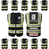 Safekim Custom Safety Vest with Logo, High Visibility Reflective Personalized Vest with Pockets and Zipper for Men Women Work