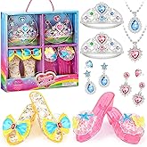 Princess Dress Up Shoes Set Girls Role Play Shoes Toddler Pretend Jewelry Toys Set Gift Set 2 Pairs of Shoes Kit Collection of Tiara Crown Earrings Necklace Rings for Girls Aged 3-6 Years Old