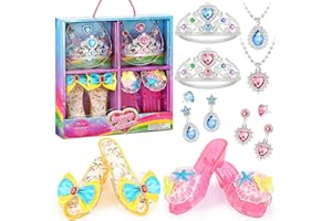 LIMIROLER Princess Dress Up Shoes Set Girls Role Play Shoes Toddler Pretend Jewelry Toys Set Gift Set 2 Pairs of Shoes Kit Collection of Tiara Crown Earrings Necklace Rings for Girls Aged 3-6 Years Old