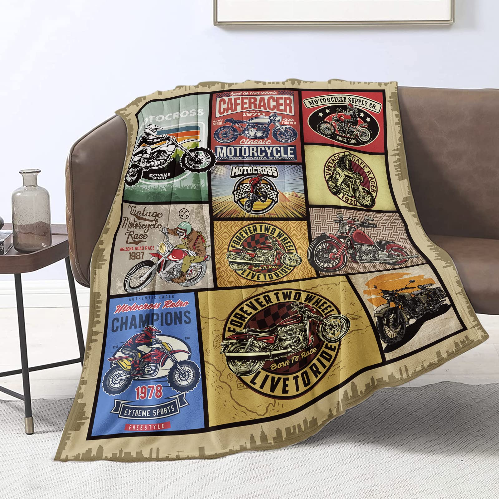 Domgoge Motorcycle Blanket Throw Gifts for Lovers Club Blankets Men Women Retro Soft Lightweight Flannel Fleece Kids Bike Ride Lover Throws Couch Sofa, 130cm x 152cm, Brown