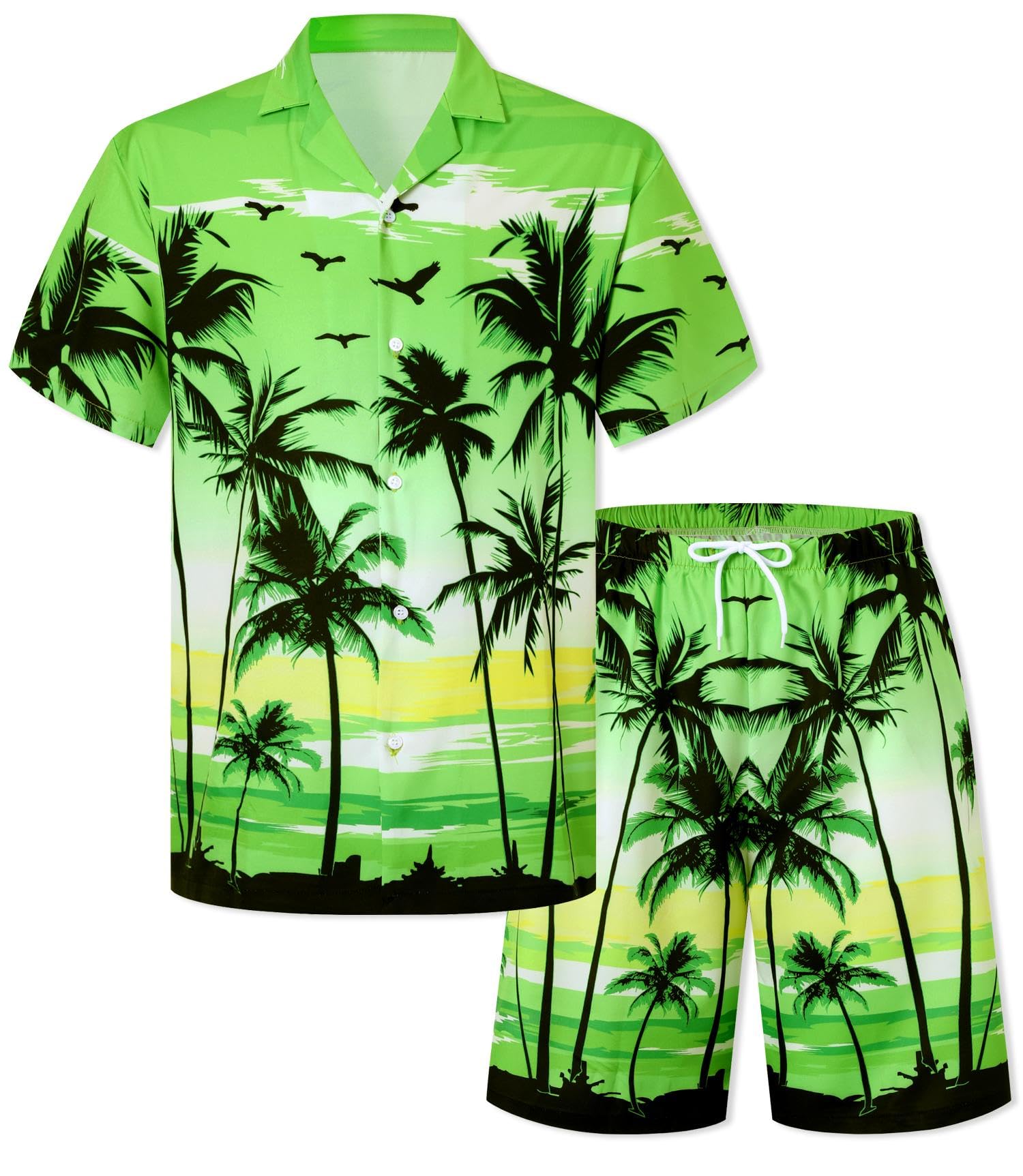 Photo 1 of Cromoncent Boys Hawaiian Outfits Casual Cuban Collar Short Sleeve Shirts Short Pants Sets 2Pcs Beach Vacation Tropical Suit, Set Aloha Green,11-12Y = Tag 180
