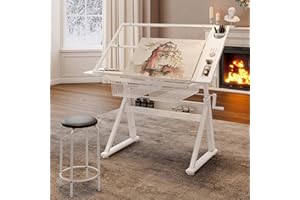 Gagawin Drafting Table with Stool, Upgraded Height Adjustable Drawing Desk Art Table Drafting Desk with 0-75° Tilting Glass Tabletop and More Storage for Home Office, Type 2-White