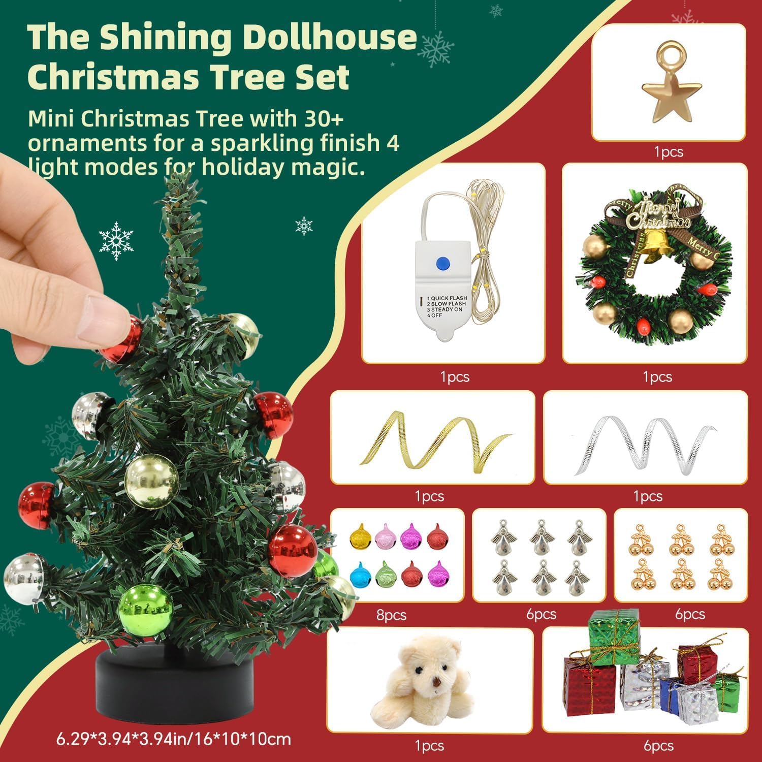 iLAND Dollhouse Accessories Mini Christmas Tree with Lights 6 inch Dollhouse Christmas Decorations CuteTiny Xmas Tree Miniature Decor 1/12 Scale Accessories Shining Small Gifts