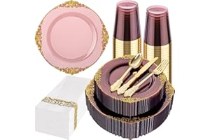 Hioasis 175pcs Burgundy and Gold Plastic Plates - Elegant Disposable Dinnerware Set Suitable for 25 Guests Include 10.25" Dinner & 7.5" Dessert Plates, Cutlery, Napkins, Cups for Party