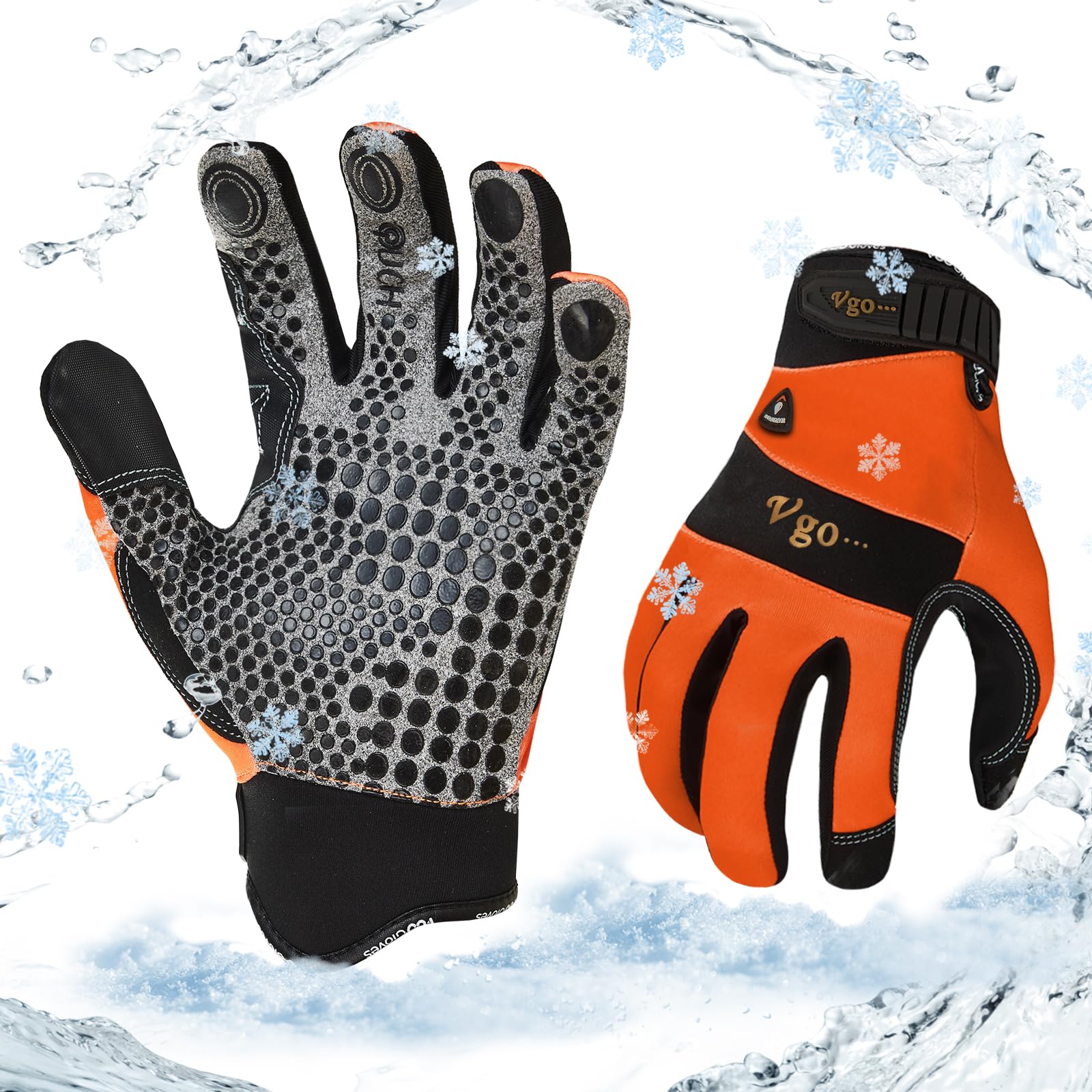 Vgo... 0℃/32°F Winter Synthetic Leather Work Gloves, Cold Weather Waterproof Safety Work Gloves,Cold Storage or Freezer Use, warm polar fleece Lining 1Pair SL7895FLWP(Orange,M)