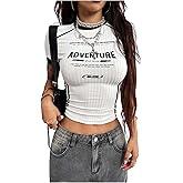Milumia Women's Graphic Short Sleeve Crop Jersey Tees Y2k Crew Neck Fitted T Shirt Streetwear