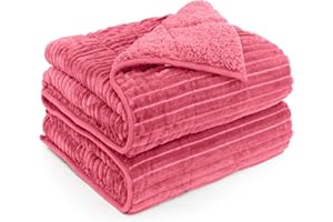 EAZFY PRO Sherpa Fleece Weighted Blanket with Ribbed Stripes for Adults, 15 lbs Dual Sided Cozy Warm Blanket for Couch Full Size Bed, Ceramic Beads Heavy Thick Blankets Great for Sleep, Peach Pink, 60" x 80"
