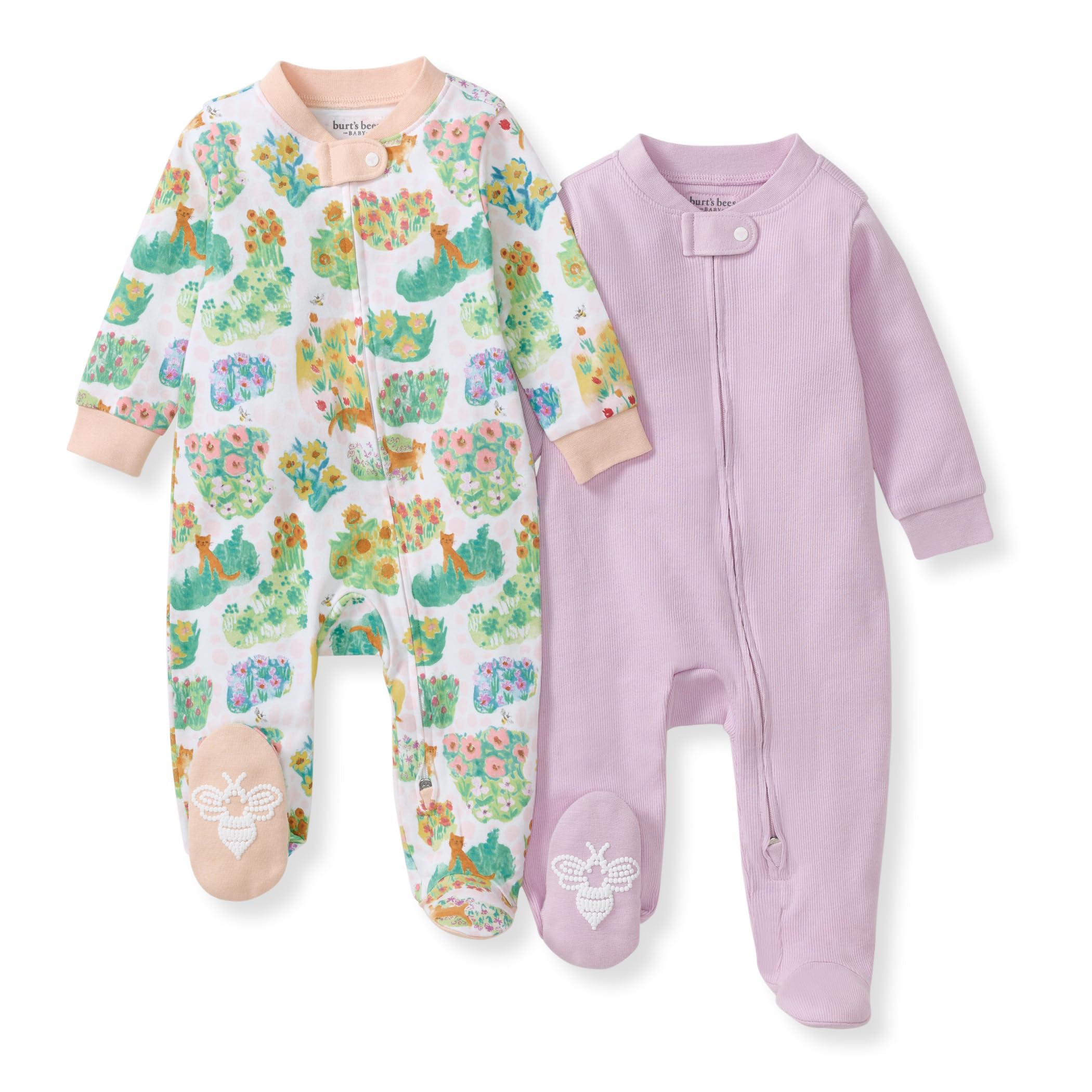 Burt's Bees Baby Girls' Organic Cotton Sleep and Play Footed Pajamas, One-piece Zip Front Romper, Baby Essentials Image