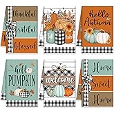 Windkream 6 Pieces Fall Thanksgiving Kitchen Towels Blue Orange Pumpkin Tea Dishtowels Buffalo Plaid Autumn Bathroom Hand Towels Fall Decor for Kitchen Bath Home Farmhouse Gifts