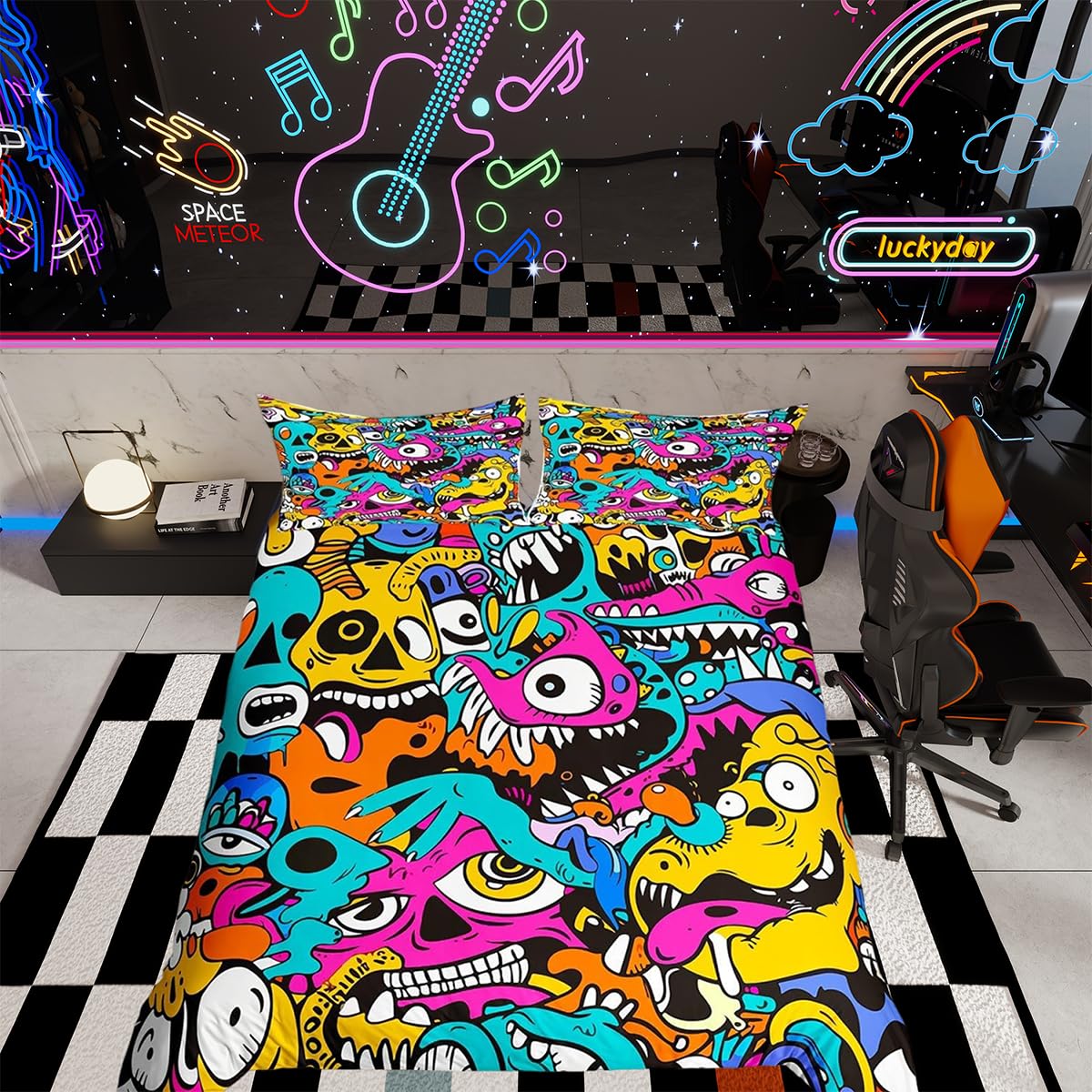 Graffiti Style Bedding Set for Kids Boys Teens Hip Hop Duvet Cover 2 Pieces 135 x 200cm & 2Pillowcase Colorful Hippie Soft Microfiber Graffiti Wall Art Design Comforter Cover with Zipper