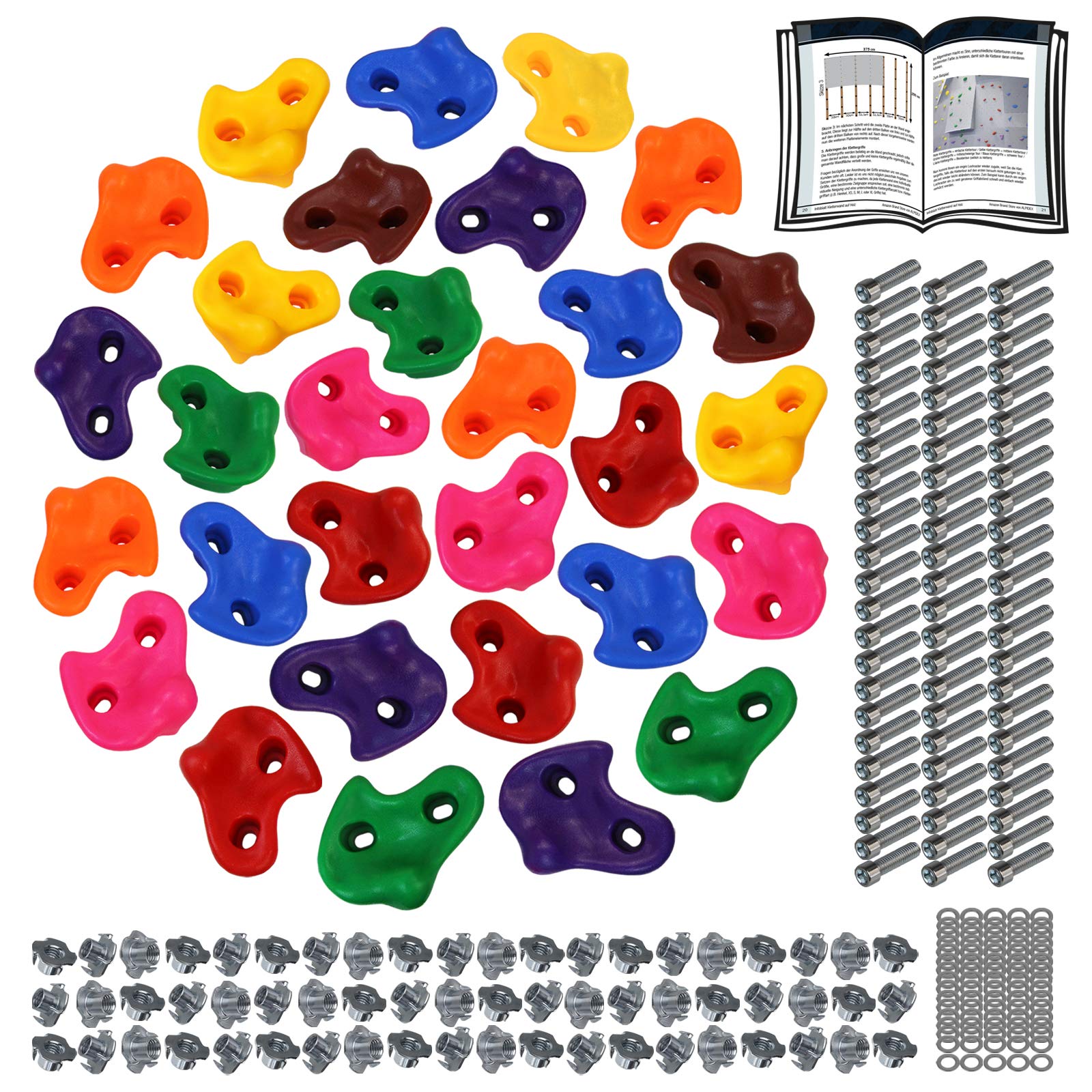 ALPIDEX Children's climbing holds, load capacity up to 200 kg, Mounting material included, different quantities multicolored - 30 pieces